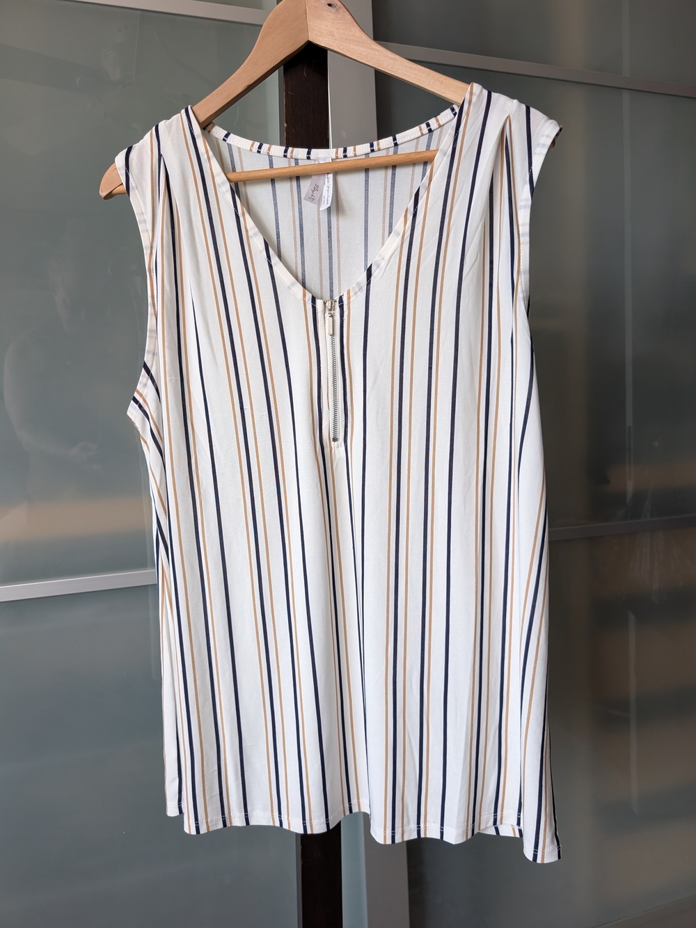 Striped V-Neck Sleeveless Camisole - White with Navy & Tan Stripes